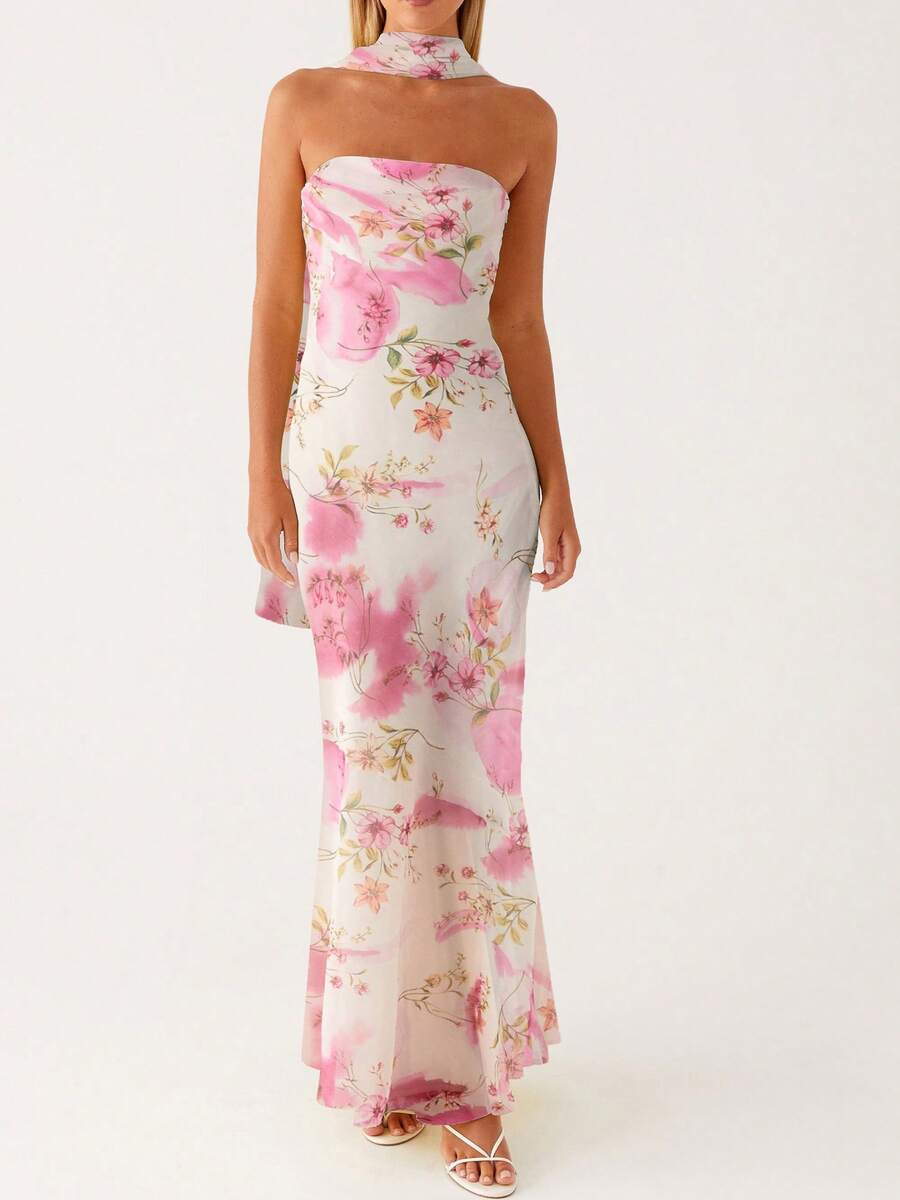 Women Y2k Floral Tube Maxi Dress With Scarf Sleeveless Strapless Backless Mesh Long Bodycon Dresses Formal Cocktail Sundress - 米色 - 查看 1