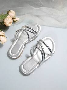 1 Pair Toddler Girls' Solid Shiny Slip-On Round Toe Slip-On PU Soft Sole Non-Slip Comfortable Casual Sandals, Suitable For 3-15 Years Old Boys & Girls, Home, Party, School, Beach, Spring/Summer 2025 New Arrival - Silver - View 5