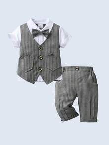 BOARNSEORL 2pcs Young Boys Gentleman Outfit, Gray Striped Short Sleeve Shirt With Bowknot And Shorts, Stylish Casual Suitable For Travel, Wedding, Party, Daily Wear - Grey - View 2
