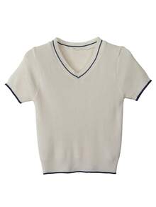 Casual V-Neck Short Sleeve Knit Top, Contrast Ribbed Slim Fit, Versatile For Daily Wear And Dates - Apricot - View 4