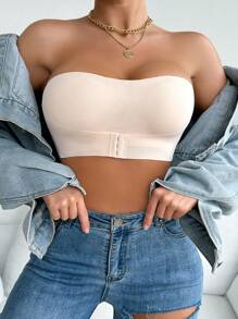 2 Pieces Front Closure Solid Color Strapless Comfort Padded Lace Bralette, Wireless Seamless Pushup Bra For Women