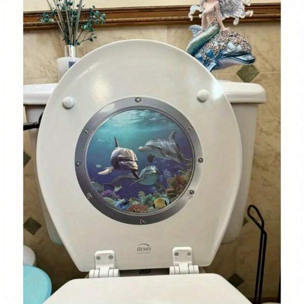 1pc Classic 3D Ocean World Dolphin Toilet Sticker, Plastic, Self-Adhesive, Waterproof And Oilproof, For Home Decor, Christmas, Bathroom, Stylish Sticker