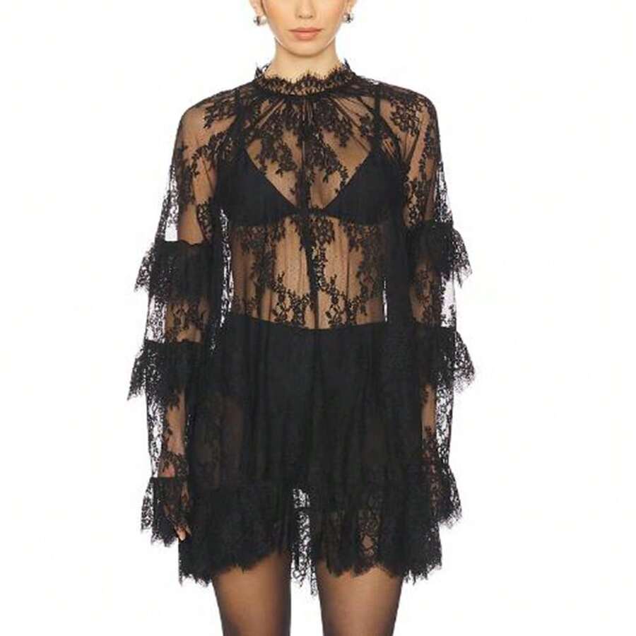 Women's See Through Lace Dress Long Sleeve Crew Neck Casual Loose Sheer Dress Vacation Beach Cocktail Mini Dresses - Black - View 1