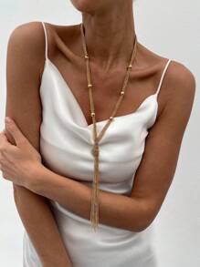 1pc Elegant Chain-Woven Tassel Necklace, Luxury Fashion Wedding Party Women & Couples Versatile Long Necklace Gift
