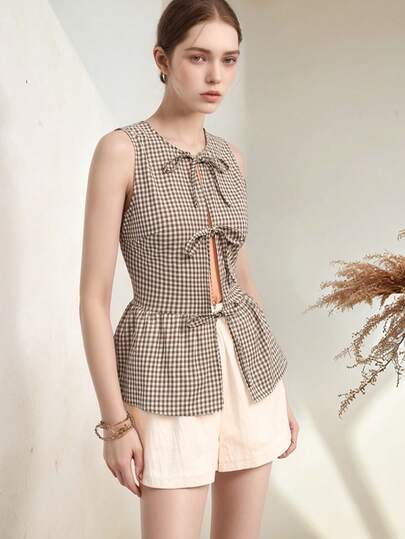 2025 New Linen Plaid Tie Front Bow Top