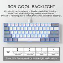 Clavier filaire compact à 61 touches, 60% de taille, rétroéclairage RVB, clavier mécanique petit et portable pour le bureau, l'ordinateur, la tablette, l'ordinateur portable, le joueur, blanc et gris