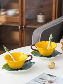 3件/套（1杯，1碟，1勺）180毫升欧式陶瓷珐琅咖啡杯碟 - 黃色 - 查看 2