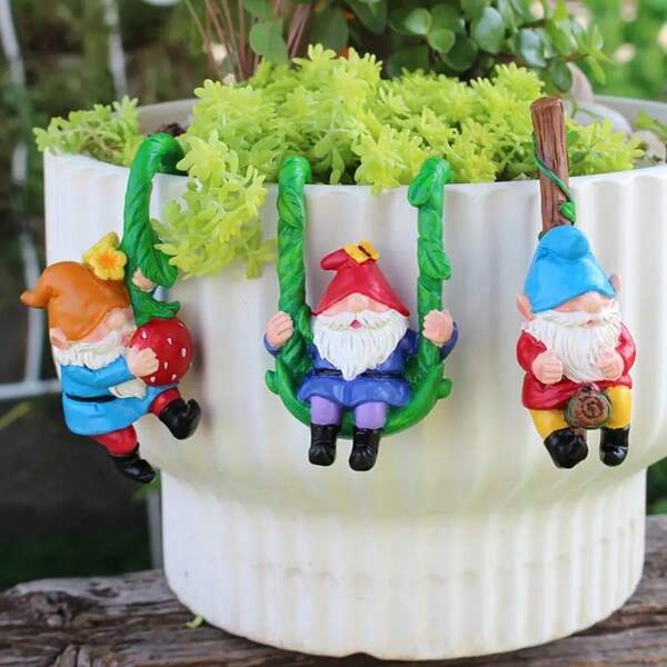3pcs/Set Dwarf Swing Ornaments For Outdoor Garden, Patio, Bonsai - Resin Dwarf Hanging Ornaments, Fantasy Theme Planter Hanger, Handcrafted Outdoor Decor, No Electricity Required