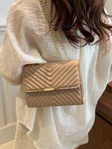 Fashion Solid Quilted Chain Shoulder Bag - Khaki - View 4