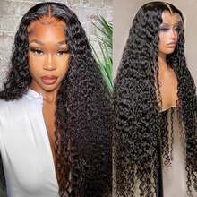36 Inch Deep Wave Lace Front Wigs Human Hair 13x4 HD Lace Front Wigs Human Hair Pre Plucked Curly Deep Wave Wig Human Hair Glueless Frontal Wigs Human Hair For Women Wet And Wavy Wig 200% Density - Natural Black - 查看 5