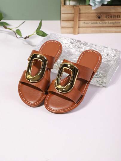 1 Double Round Toe Flat Children's Fashion Slippers, Solid Color, Gold Metal Button Design, Open Toe, Cute Roman Style, Suitable For 3-12 Years Old, Suitable For Casual, Beach, Summer