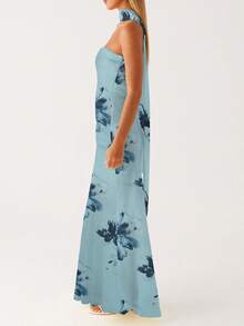 Women Y2k Floral Tube Maxi Dress With Scarf Sleeveless Strapless Backless Mesh Long Bodycon Dresses Formal Cocktail Sundress - 水藍色 - View 3