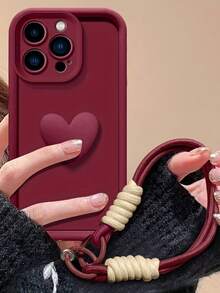 酒红色砂纸纹理手机壳，兼容 17/17 Air/17 Pro/17 Pro Max、16/15/14/13/12/11，3D 硅胶心形编织带防滑防震保护套（兼容 15 Pro/S24/P60），Apple 12、A16、17、17 Pro Max