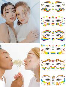 6pcs Glitter Rainbow Festival Face Decals, Waterproof Holographic Stickers With Designs Like Rainbow Feathers, Butterflies, Hearts, Flowers, Music Notes, Suitable For Pride, Y2K, Music Festival, Party, Dance Make-Up Decoration - Multicolor - View 1