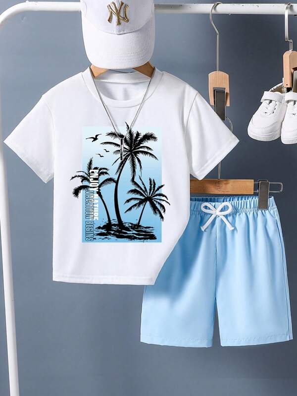 Conjunto de verano para niños preadolescentes con camiseta de manga corta estampada con palmeras y pantalones cortos