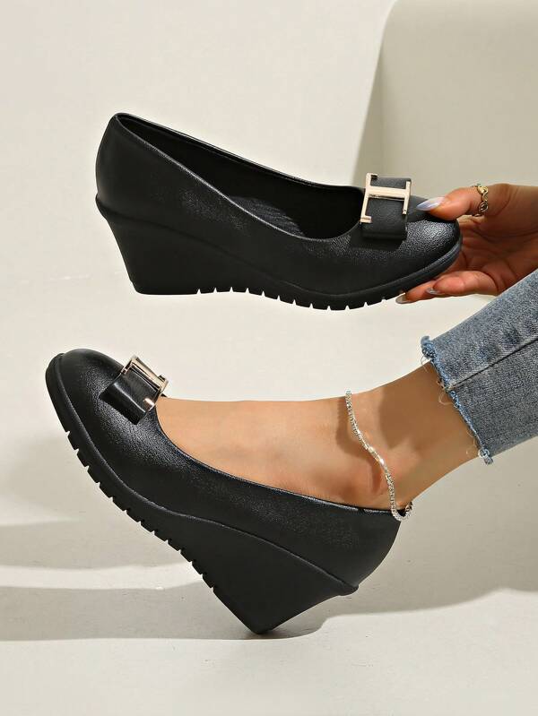 Floral Work Shoes, Lightweight And Non-Slip, Wedge Heel, Black Leather Slip-On Office Shoes For Women