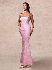 提花无袖鱼尾长裙、派对礼服、长袍、正式礼服、晚礼服、婚礼宾客礼服 - 粉色 - 查看 9