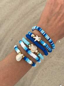 Conjunto de 6 peças/conjunto de pulseiras ajustáveis coloridas com contas, estilo oceano criativo, decoração de estrelas do mar e conchas, para mulheres que podem usar empilhadas