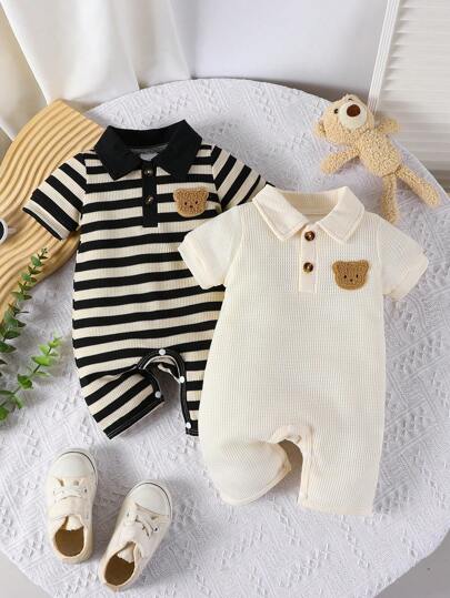 2pcs/Set Summer New Baby Boys Panda Polo Collar Striped Short Sleeve & Solid Color Short Sleeve Bodysuit