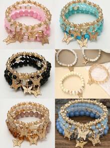 4-Piece Bohemian Style Fashion Women's Bracelet Set, Handmade Faux Crystal Beaded Chain With Butterfly Pendant, Perfect For Daily Wear Or Gift Giving