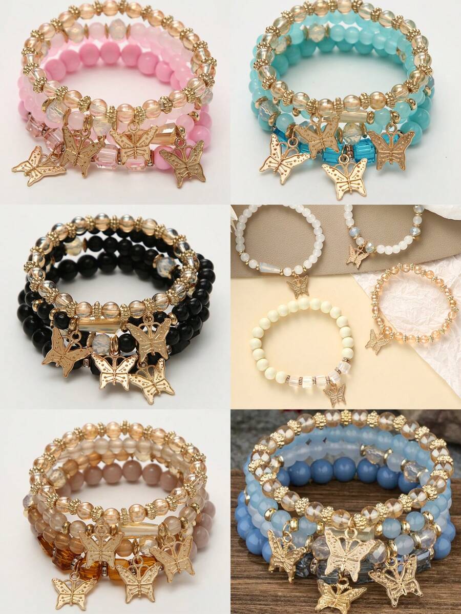 4-Piece Bohemian Style Fashion Women's Bracelet Set, Handmade Faux Crystal Beaded Chain With Butterfly Pendant, Perfect For Daily Wear Or Gift Giving