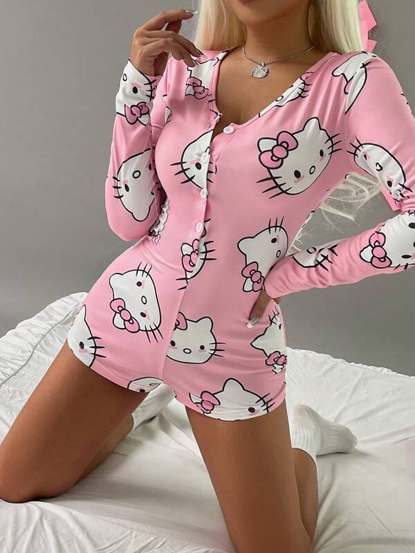 Sanrio 1 Stück Damen sexy V-Ausschnitt teilweise geknöpfter Langarm Hello Kitty bedruckter Ultra-Kurzer Jumpsuit, Herbst