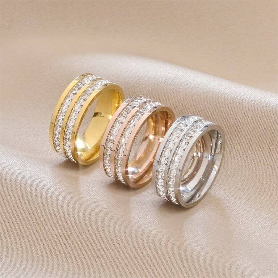 1 pieza Anillo de piedras preciosas, accesorio de joyería con doble hilera de circonitas cúbicas pavé, anillo de compromiso unisex, anillos de pareja con diseño minimalista de estrellas en acero de titanio, anillo de dedo de acero inoxidable resistente a la decoloración, anillo romántico y sencillo de circonitas cúbicas en acero de titanio.