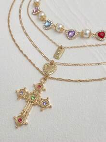 4pcs Elegant And Fashionable Colorful Rhinestone Inlaid Heart And Cross Pendant Multi-Layer Necklace, Suitable For Women's Daily And Holiday Wear, Gift For Elders And Friends