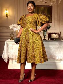 Jacquard A Line Dresses Short Lantern Sleeves Elegant Retro Party Event Plus Size Ladies - Yellow - View 5