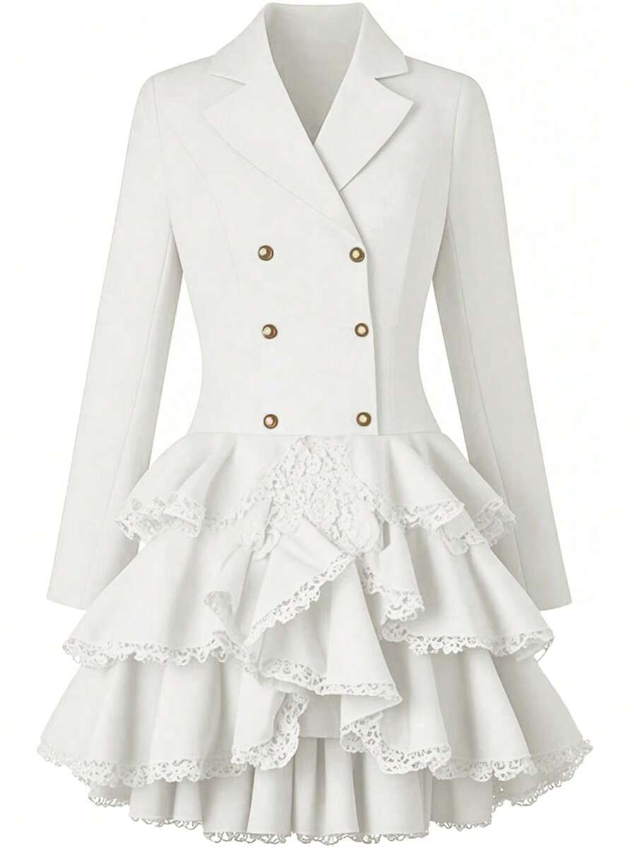 Vintage Victory Gothic Blazer Jacket With Lace Ruffle Hem And Lace Up Corset Back - Beige - View 1