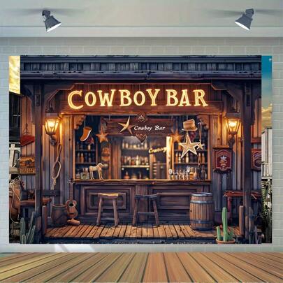 70,8 x 90,5 Zoll Vintage-Western-Bar-Hintergrund – Party-Dekoration zum Thema Homer, inklusive Holzbar, Fass und Hockern – perfekte Wahl für Herbst-/Winter-Events