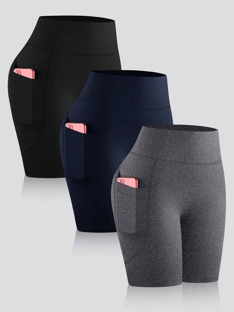 Set de 3 shorts de yoga con bolsillos en negro, gris y azul, de cintura alta, control de abdomen, leggings de compresión, pantalones cortos de ciclismo, elásticos y cómodos para primavera/verano - Multicolor - Añade 1