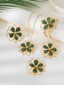 1 Set de elegante y versátil joyería geométrica hueca de flores, incluye pulsera, anillos, collar y aretes, adecuado para uso diario y ocasiones formales