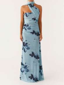 Women's Halterneck Sleeveless Backless Bodycon Party Club Long Dress Summer Floral Print A Line Maxi Dress - Màu xanh lam - Xem 1