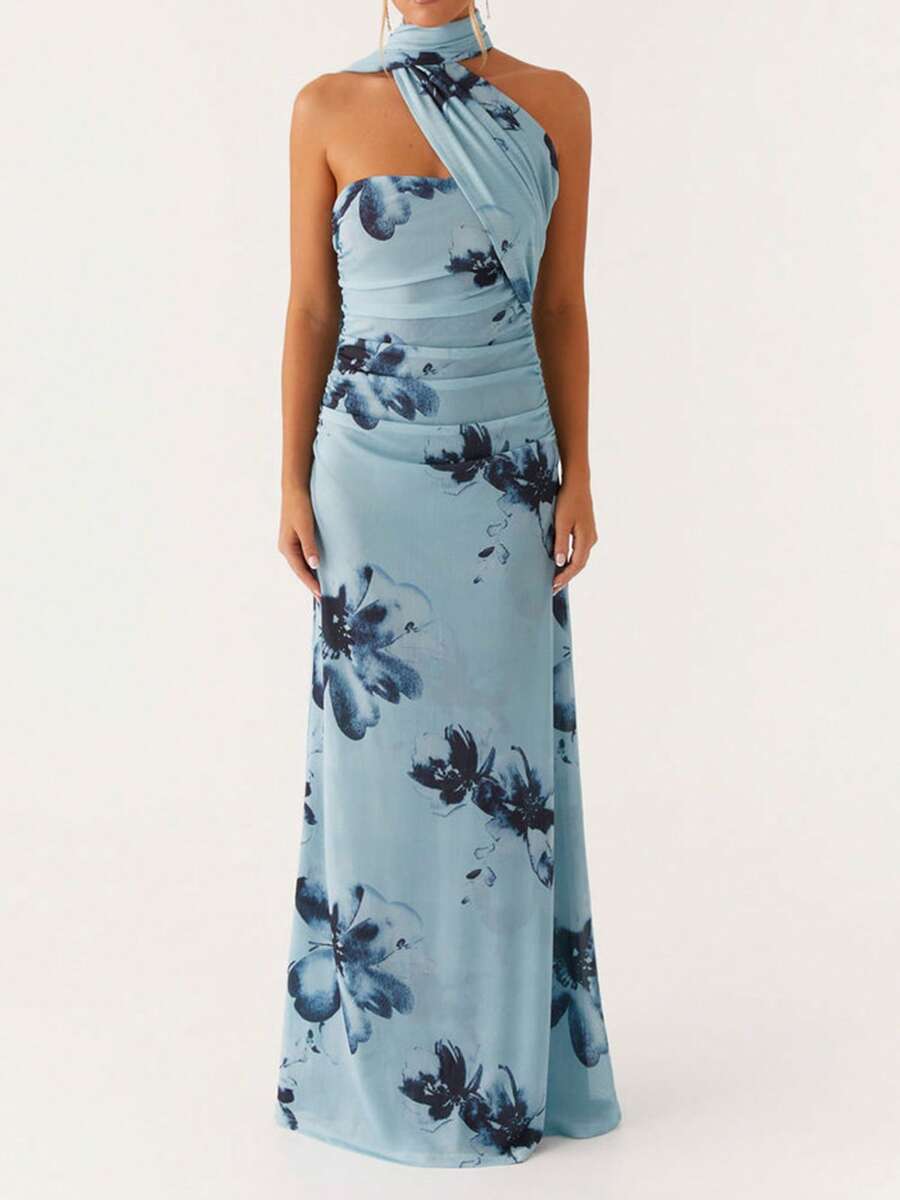 Women's Halterneck Sleeveless Backless Bodycon Party Club Long Dress Summer Floral Print A Line Maxi Dress - Màu xanh lam - Xem 1