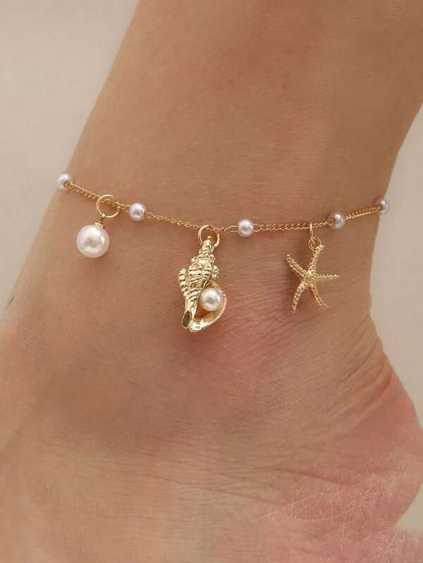 1pc Faux Pearl Beaded Anklet With Shell & Starfish Charms, Simple Elegant Foot Jewelry, Suitable For Summer Beach