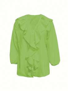 休闲荷叶边下摆V领长袖衬衫 - 綠色 - 查看 5