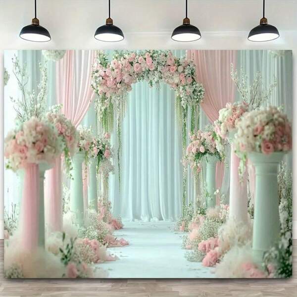 1 Pc Peony Arch Backdrop - Elegant Floral Design With Pink & White Peonies, Mint Green Columns And Sheer Curtains, Polyester Fabric, No Electricity Required For Weddings, Parties, Anniversaries, Photo Booth Background