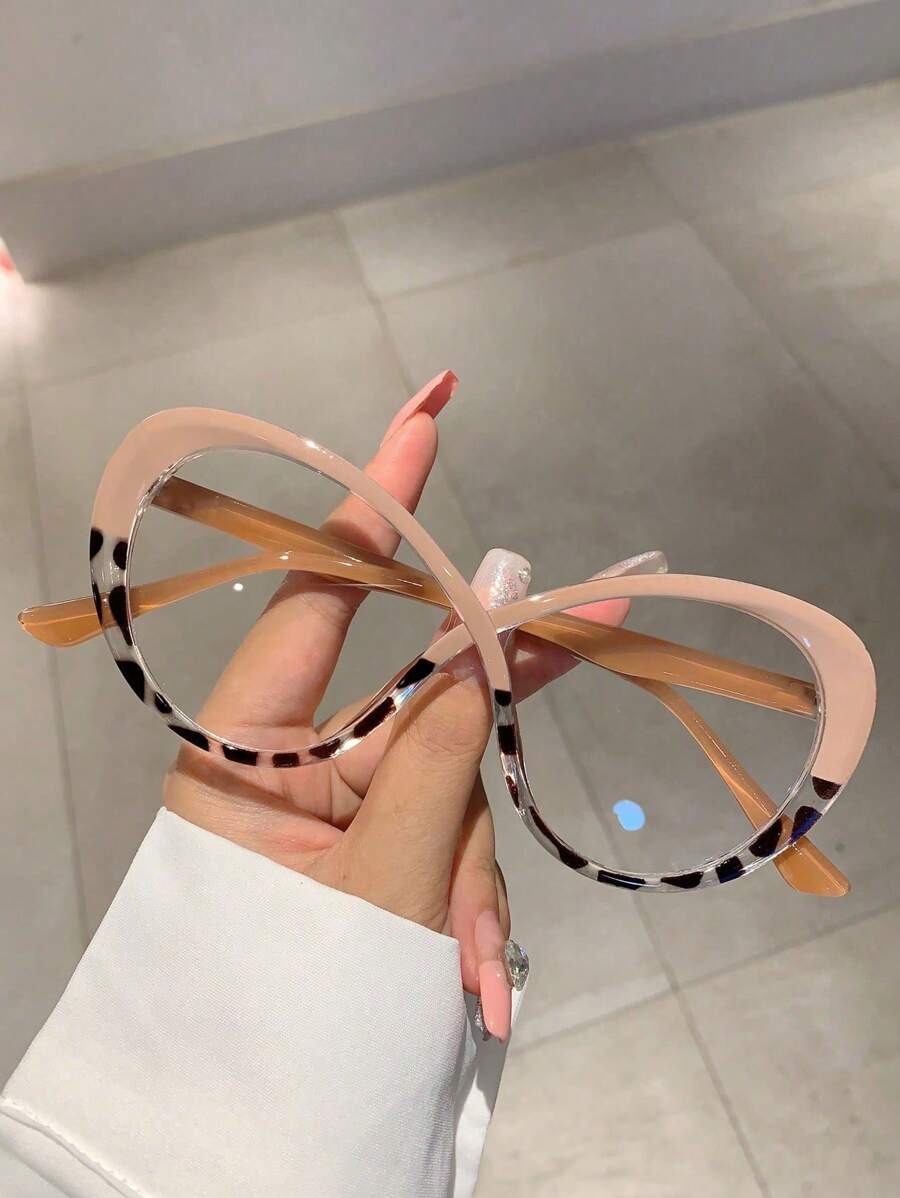 1pc Gentle Nude Pink Eyeglasses With Leopard Print Detail, Unlocks Fresh Spring Fashionable Design, Multicolor Mix-Match Non-Prescription Eyeglasses, Suitable For Travelling And Beach Accessories