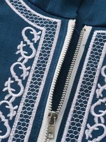 Muslim Men's Long Sleeve Embroidered Hooded Zipper Islamic Loose Casual Robe, Soft Fabric, All Season - Blue - View 7