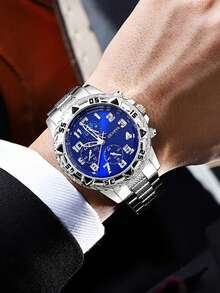 钢制商务腕表，大表盘，三重显示，蓝色玻璃，圆形表盘。青少年男孩的理想礼物