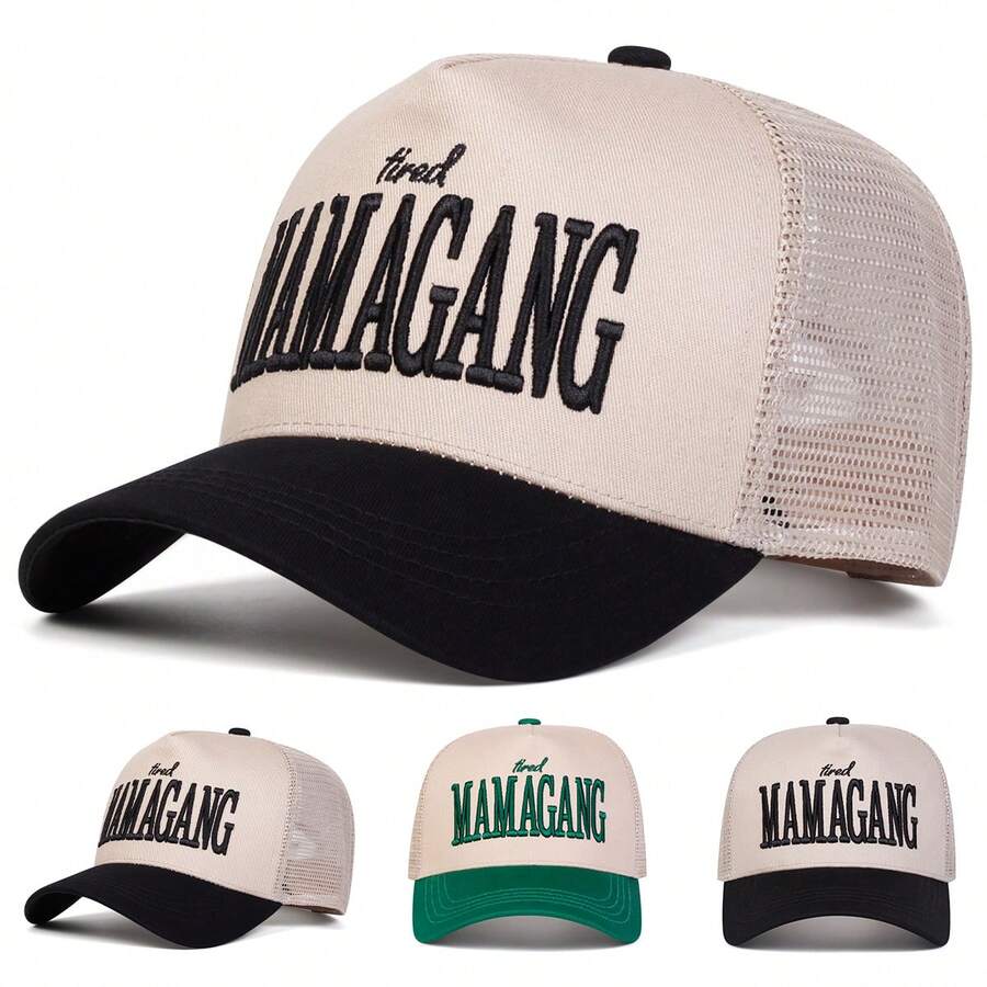 1pc Women's "Tired Mama Gang" Trucker Hat, With Embroidered Text, Adjustable, Fashionable, Suitable For Spring/Autumn Outdoor, Travel, Beach, Party - Multicolor - View 1