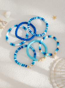Conjunto de 6 peças/conjunto de pulseiras ajustáveis coloridas com contas, estilo oceano criativo, decoração de estrelas do mar e conchas, para mulheres que podem usar empilhadas