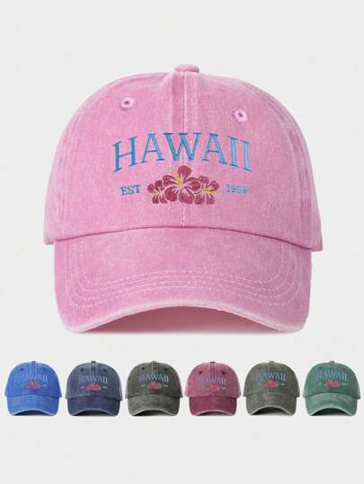 1pc Women's Hawaii Floral 1959 Washed Baseball Cap, Adjustable Outdoor Sun Visor Hat For Spring Autumn Travel Beach Vacation, Y2K Style Cap Halloween