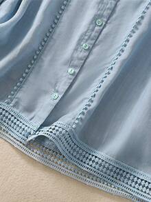 Women's Light French Viscose Floral Lace Patchwork Vintage Blouse, Spring/Summer - Blue - View 8