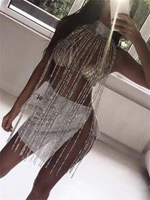 1pc Sexy Rhinestone Fringed Chest Chain, Luxury Ladies Party Fashion Bikini Necklace Body Chain - Silver - View 1