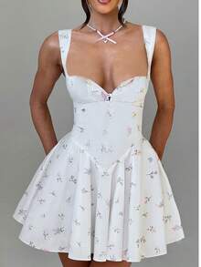 浪漫碎花印花修身迷你连衣裙，春夏 - 白色 - 查看 3