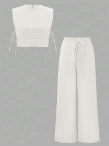 Women's Casual Fashion Solid Color Imitation Linen Material Versatile Round Neck Tie Short Top And Loose Wide-Leg Pants Two Pieces Set