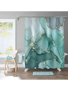 1/4 Pcs Blue & Green Marble Pattern Bathroom Set, Waterproof Shower Curtain With 12 Hooks, U-Shaped Rug, Toilet Lid Cover, L-Shaped Mat, Beautiful Bathroom Decor Accessories Fall Decor Bathroom Accessories Back To School
