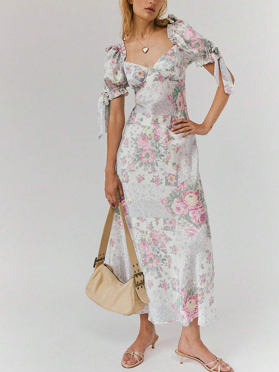 Women's Floral Print Dress, Short Sleeved Backless Slim Fit Dress, Summer Fashionable Casual Loose Dress - 白色 - 查看 1